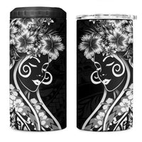 Polynesian Women's Day 4 in 1 Can Cooler Tumbler Black Hibiscus Flowers With Polynesian Pattern