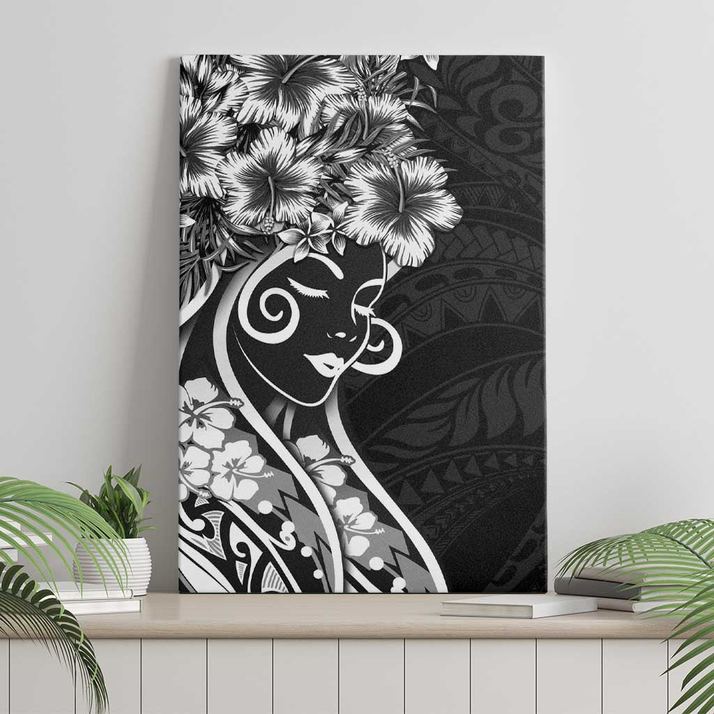Polynesian Women's Day Canvas Wall Art Black Hibiscus Flowers With Polynesian Pattern