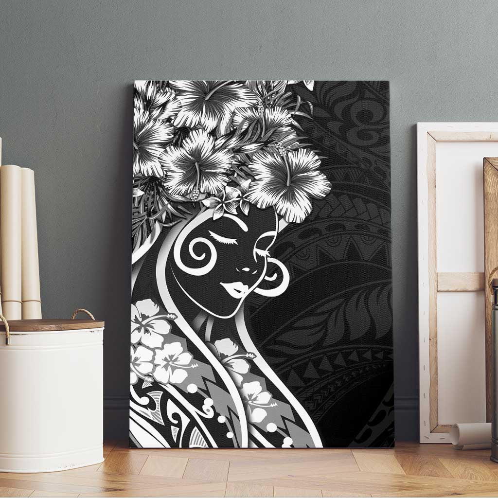 Polynesian Women's Day Canvas Wall Art Black Hibiscus Flowers With Polynesian Pattern