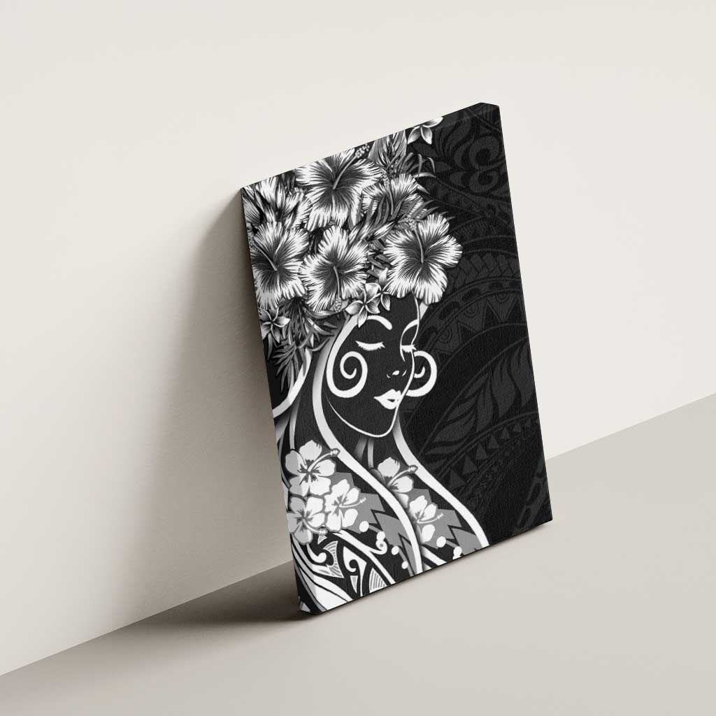 Polynesian Women's Day Canvas Wall Art Black Hibiscus Flowers With Polynesian Pattern