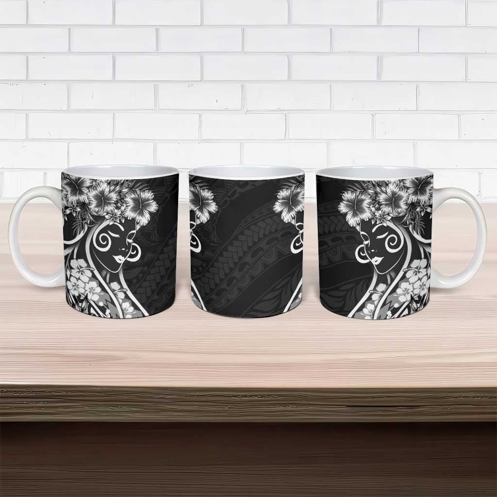 Polynesian Women's Day Ceramic Mug Black Hibiscus Flowers With Polynesian Pattern