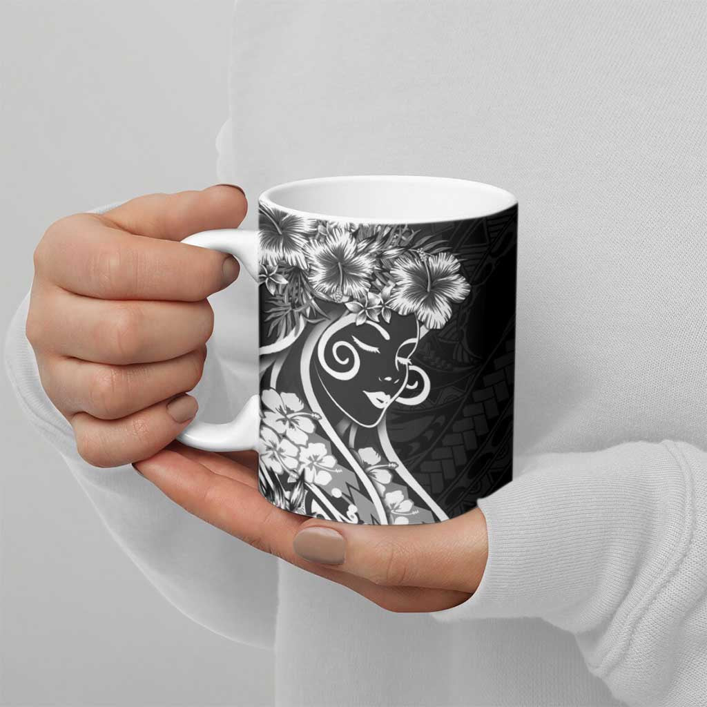 Polynesian Women's Day Ceramic Mug Black Hibiscus Flowers With Polynesian Pattern