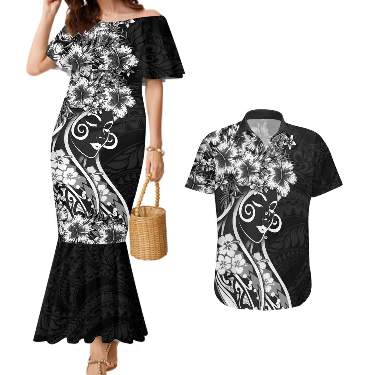 Polynesian Women's Day Couples Matching Mermaid Dress and Hawaiian Shirt Black Hibiscus Flowers With Polynesian Pattern