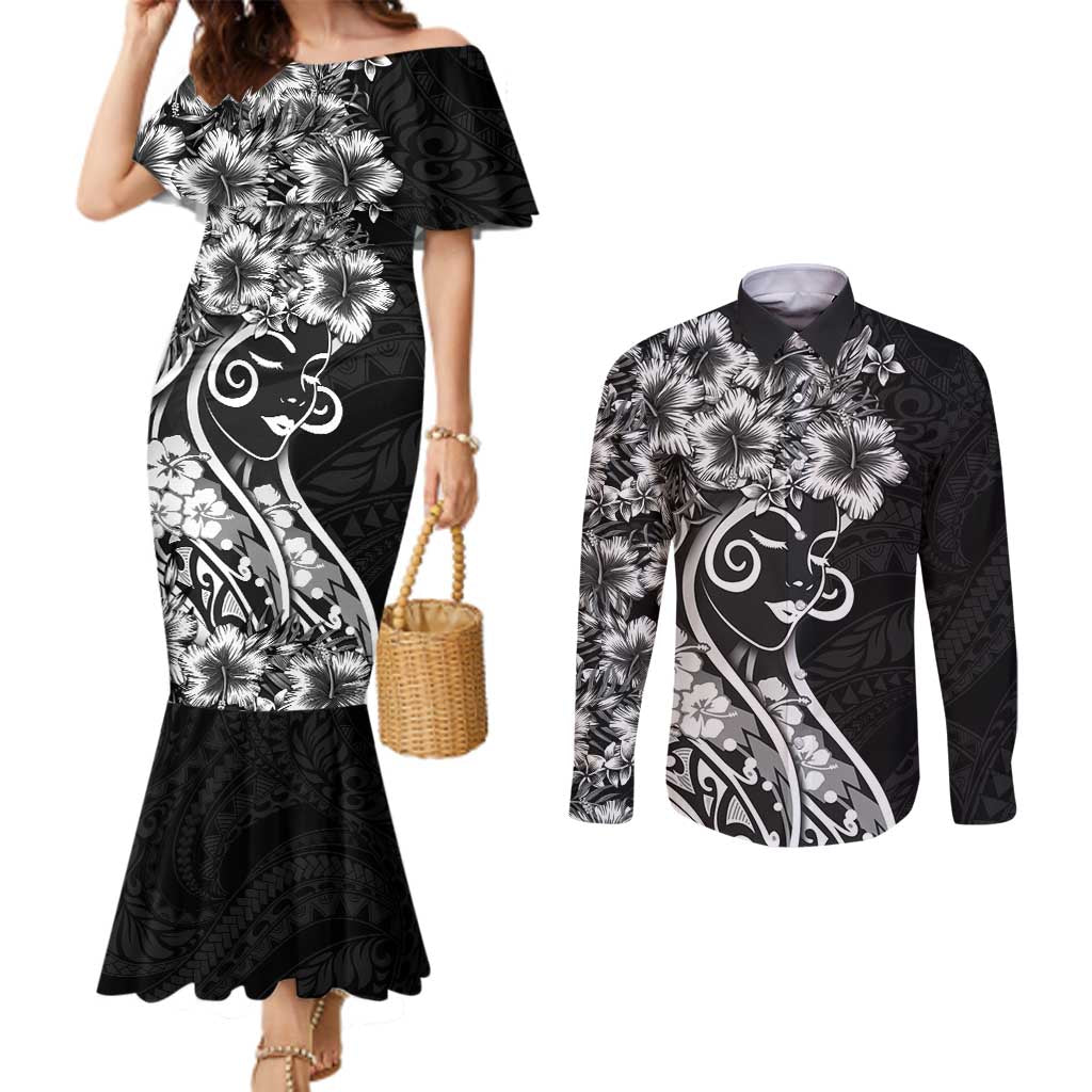 Polynesian Women's Day Couples Matching Mermaid Dress and Long Sleeve Button Shirt Black Hibiscus Flowers With Polynesian Pattern