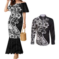 Polynesian Women's Day Couples Matching Mermaid Dress and Long Sleeve Button Shirt Black Hibiscus Flowers With Polynesian Pattern