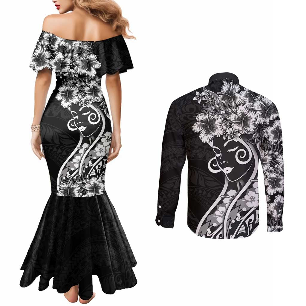Polynesian Women's Day Couples Matching Mermaid Dress and Long Sleeve Button Shirt Black Hibiscus Flowers With Polynesian Pattern