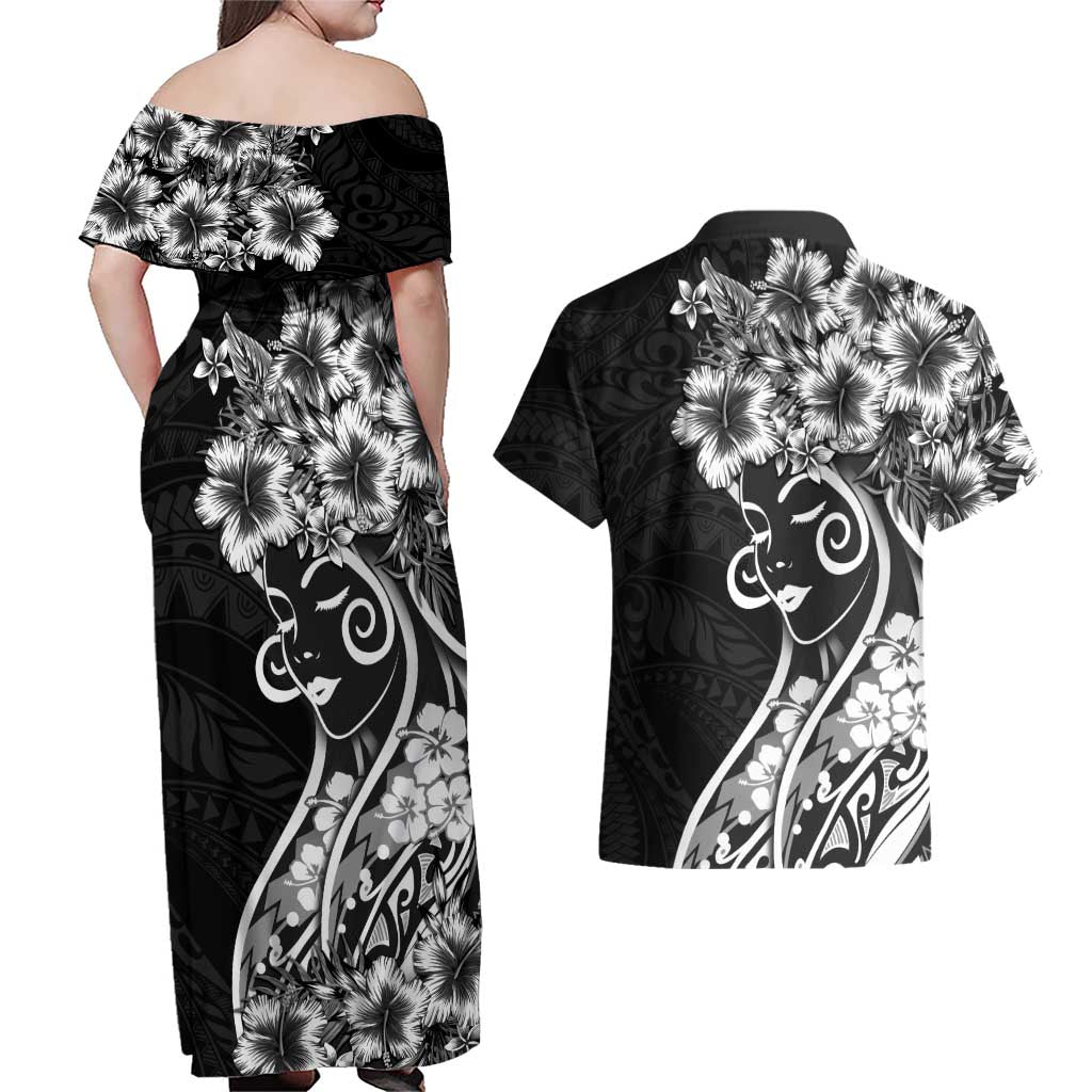 Polynesian Women's Day Couples Matching Off Shoulder Maxi Dress and Hawaiian Shirt Black Hibiscus Flowers With Polynesian Pattern