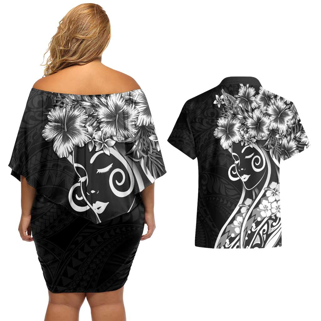 Polynesian Women's Day Couples Matching Off Shoulder Short Dress and Hawaiian Shirt Black Hibiscus Flowers With Polynesian Pattern