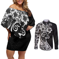 Polynesian Women's Day Couples Matching Off Shoulder Short Dress and Long Sleeve Button Shirt Black Hibiscus Flowers With Polynesian Pattern