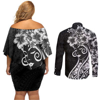 Polynesian Women's Day Couples Matching Off Shoulder Short Dress and Long Sleeve Button Shirt Black Hibiscus Flowers With Polynesian Pattern