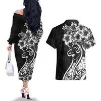 Polynesian Women's Day Couples Matching Off The Shoulder Long Sleeve Dress and Hawaiian Shirt Black Hibiscus Flowers With Polynesian Pattern