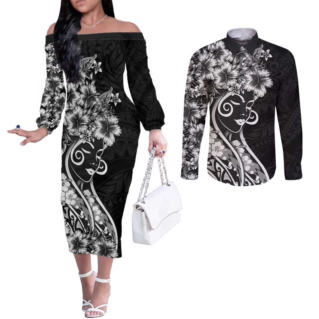 Polynesian Women's Day Couples Matching Off The Shoulder Long Sleeve Dress and Long Sleeve Button Shirt Black Hibiscus Flowers With Polynesian Pattern