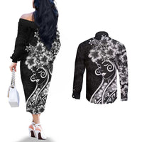 Polynesian Women's Day Couples Matching Off The Shoulder Long Sleeve Dress and Long Sleeve Button Shirt Black Hibiscus Flowers With Polynesian Pattern