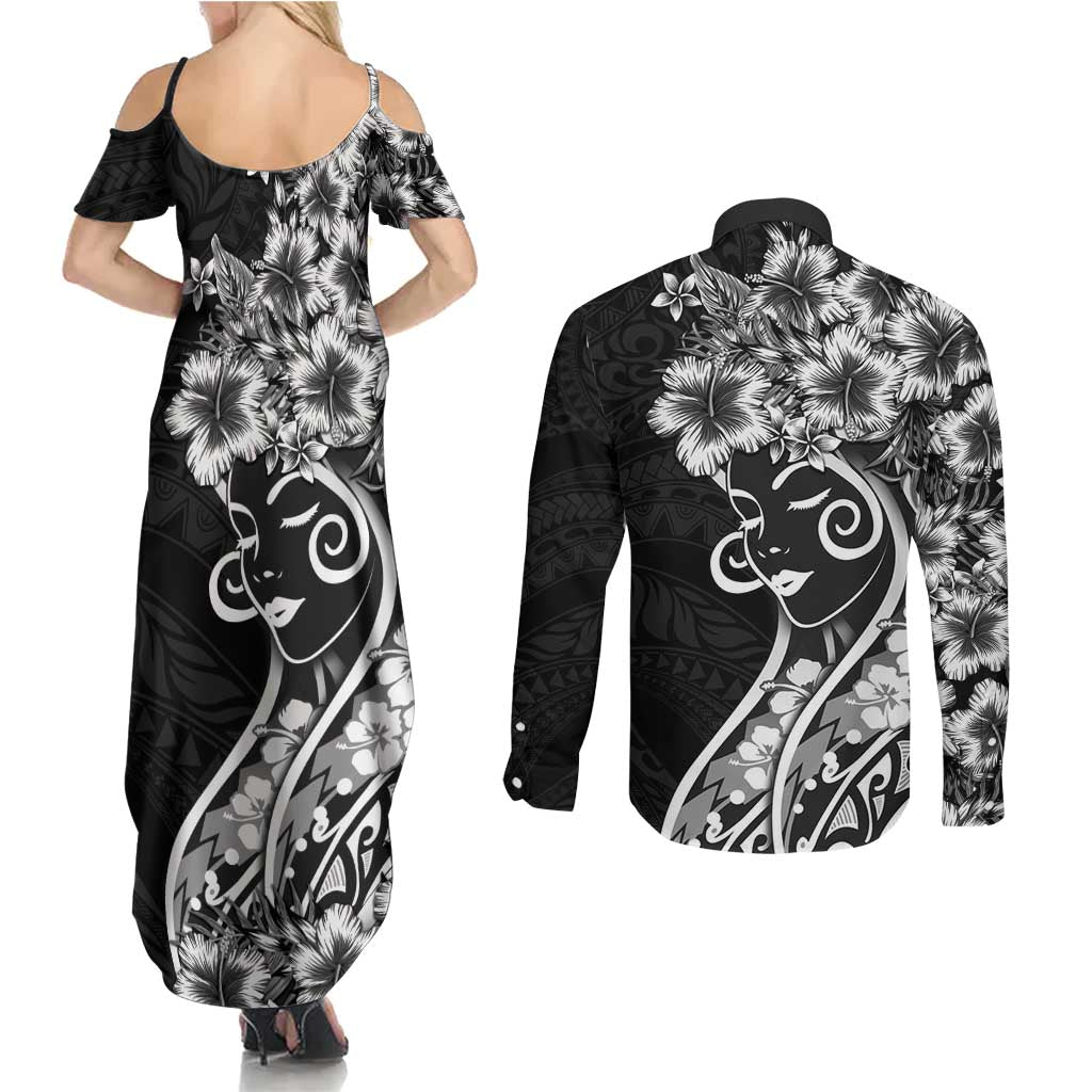 Polynesian Women's Day Couples Matching Summer Maxi Dress and Long Sleeve Button Shirt Black Hibiscus Flowers With Polynesian Pattern