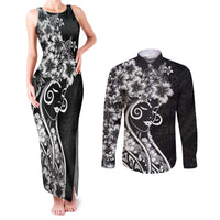 Polynesian Women's Day Couples Matching Tank Maxi Dress and Long Sleeve Button Shirt Black Hibiscus Flowers With Polynesian Pattern
