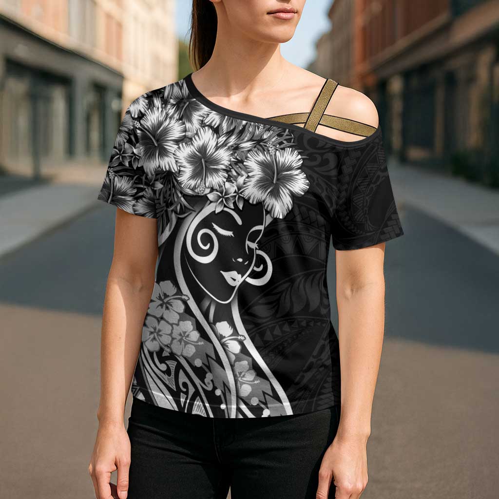 Polynesian Women's Day Cross Shoulder Shirt Black Hibiscus Flowers With Polynesian Pattern