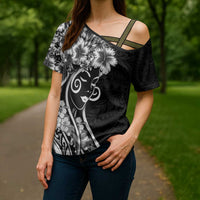 Polynesian Women's Day Cross Shoulder Shirt Black Hibiscus Flowers With Polynesian Pattern