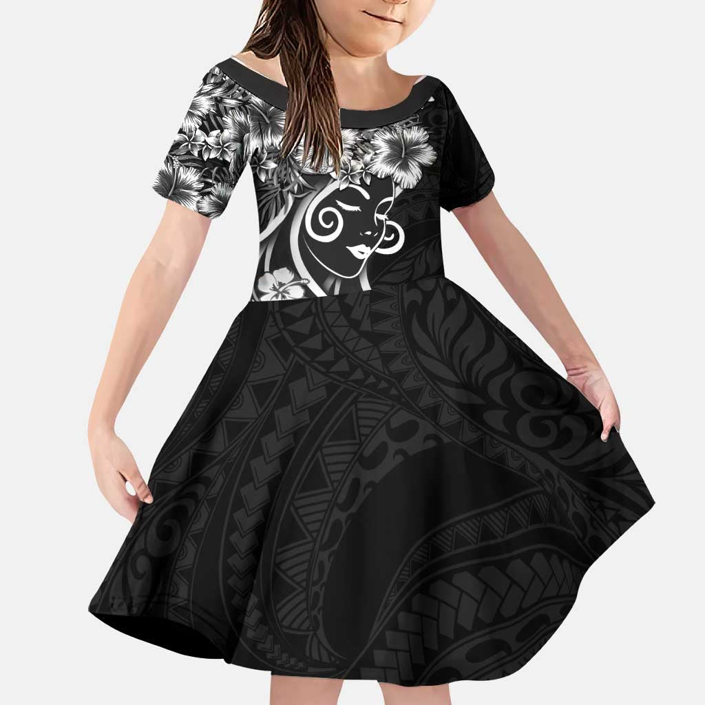 Polynesian Women's Day Family Matching Mermaid Dress and Hawaiian Shirt Black Hibiscus Flowers With Polynesian Pattern LT05 Daughter's Dress Black - Polynesian Pride
