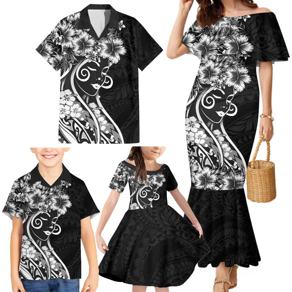 Polynesian Women's Day Family Matching Mermaid Dress and Hawaiian Shirt Black Hibiscus Flowers With Polynesian Pattern LT05 - Polynesian Pride