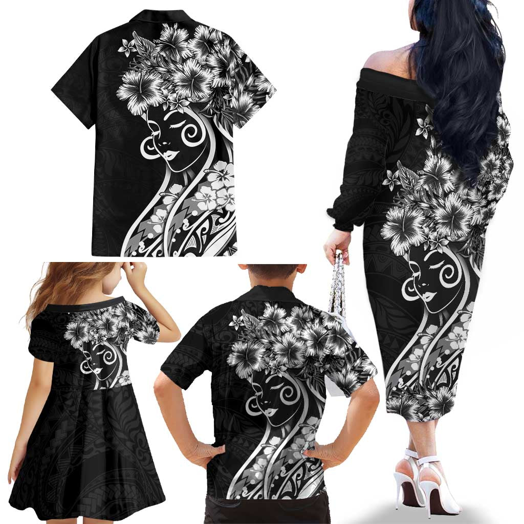 Polynesian Women's Day Family Matching Off The Shoulder Long Sleeve Dress and Hawaiian Shirt Black Hibiscus Flowers With Polynesian Pattern LT05 - Polynesian Pride