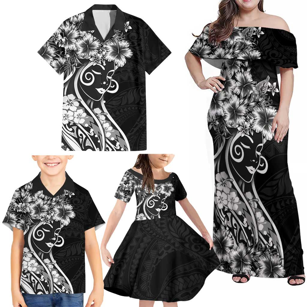 Polynesian Women's Day Family Matching Off Shoulder Maxi Dress and Hawaiian Shirt Black Hibiscus Flowers With Polynesian Pattern