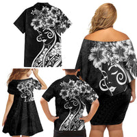 Polynesian Women's Day Family Matching Off Shoulder Short Dress and Hawaiian Shirt Black Hibiscus Flowers With Polynesian Pattern