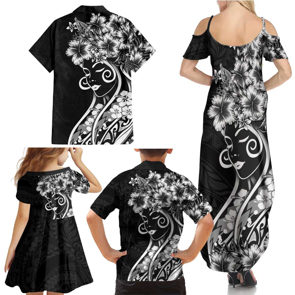 Polynesian Women's Day Family Matching Summer Maxi Dress and Hawaiian Shirt Black Hibiscus Flowers With Polynesian Pattern