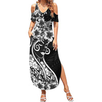 Polynesian Women's Day Family Matching Summer Maxi Dress and Hawaiian Shirt Black Hibiscus Flowers With Polynesian Pattern