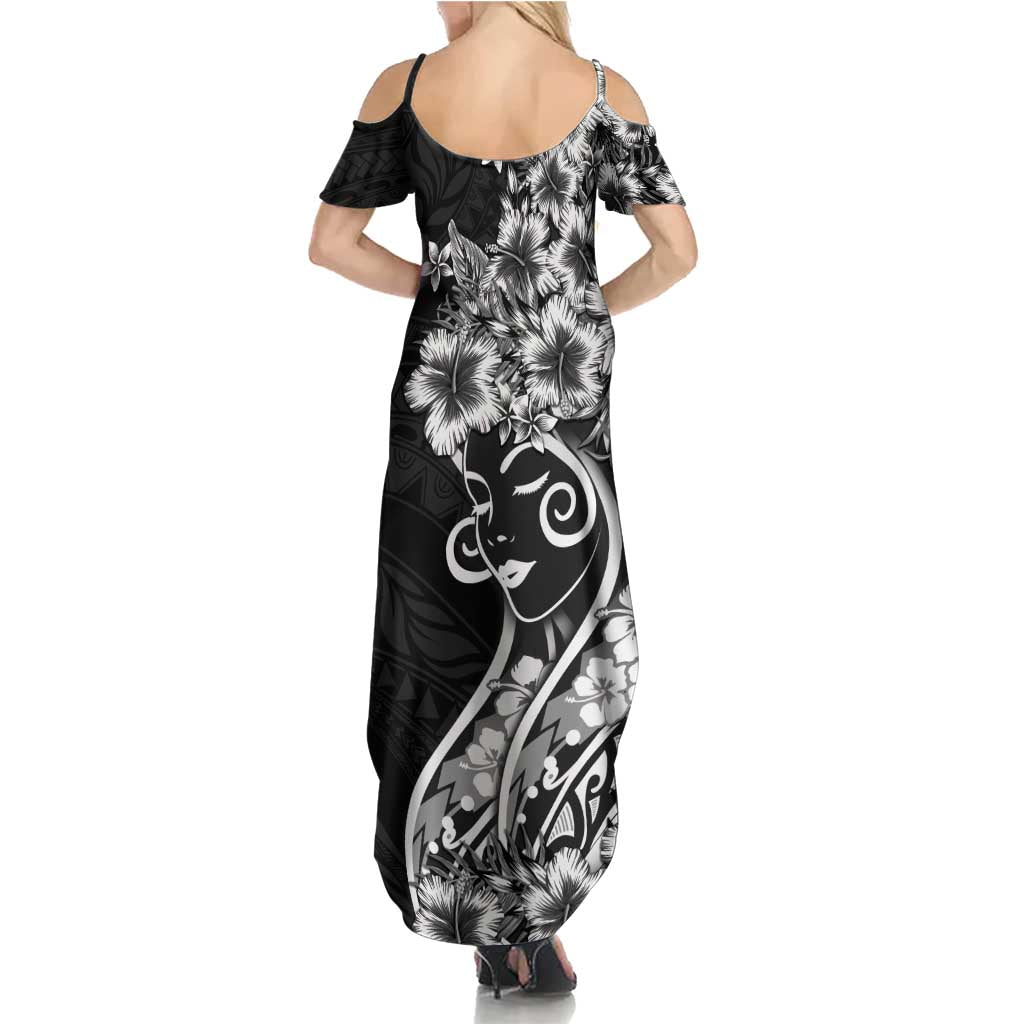 Polynesian Women's Day Family Matching Summer Maxi Dress and Hawaiian Shirt Black Hibiscus Flowers With Polynesian Pattern