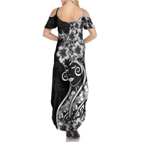 Polynesian Women's Day Family Matching Summer Maxi Dress and Hawaiian Shirt Black Hibiscus Flowers With Polynesian Pattern