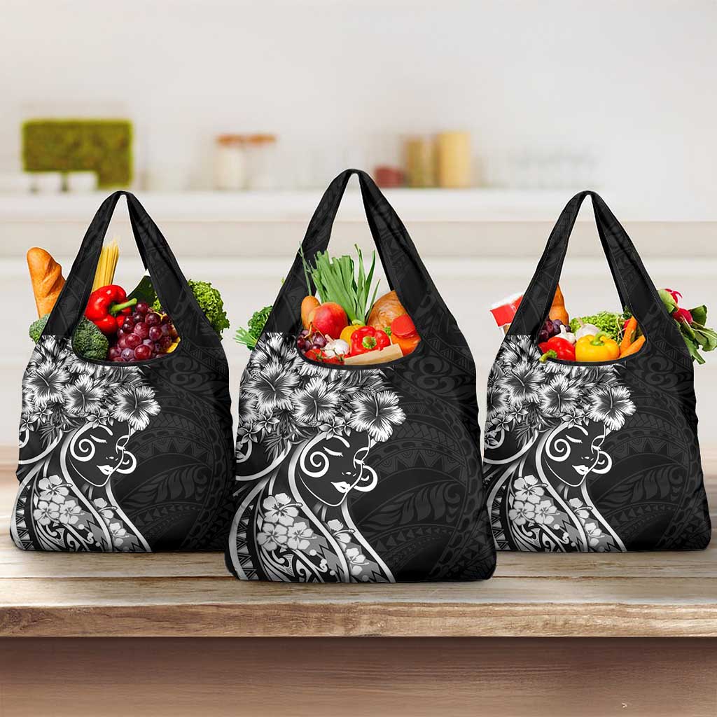 Polynesian Women's Day Grocery Bag Black Hibiscus Flowers With Polynesian Pattern