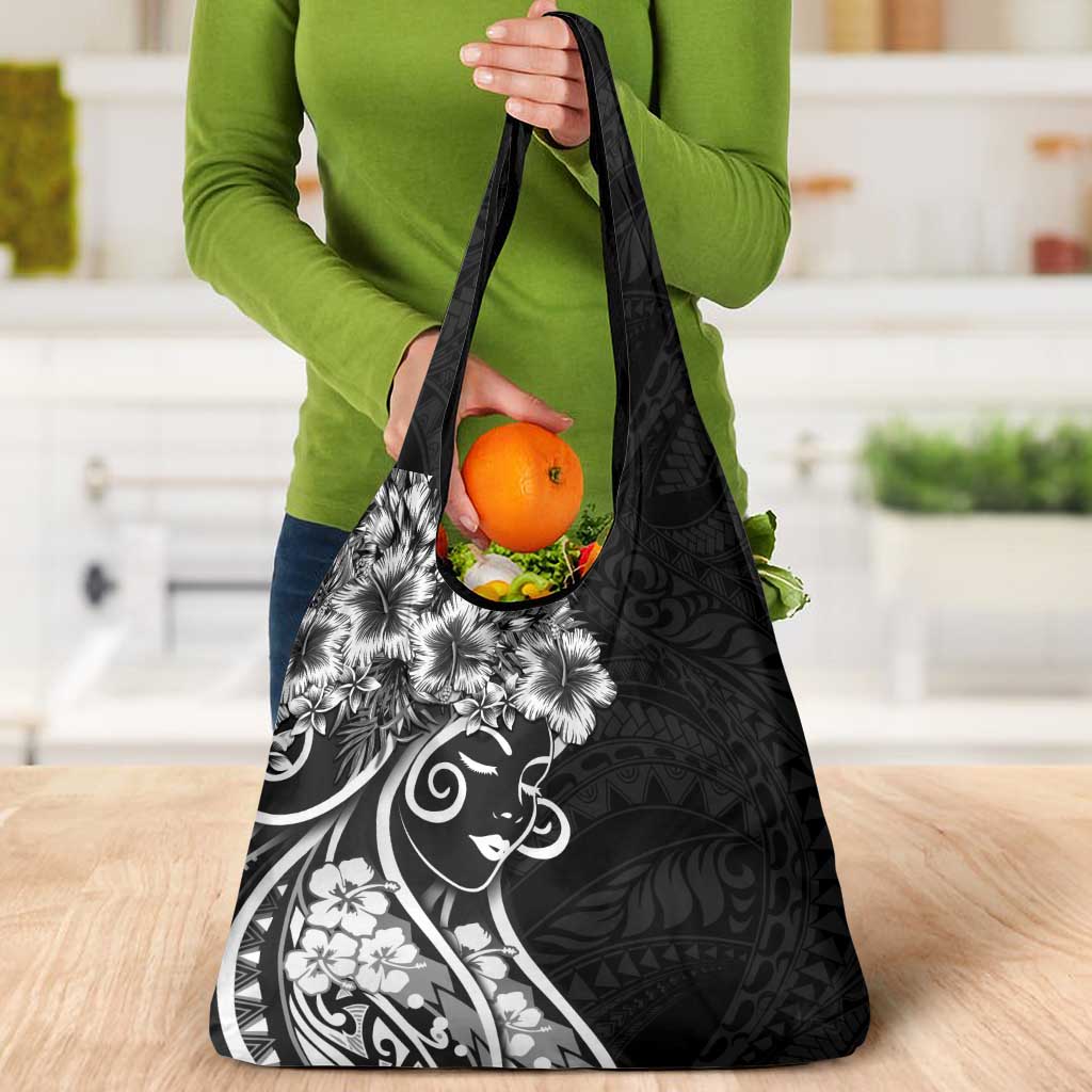Polynesian Women's Day Grocery Bag Black Hibiscus Flowers With Polynesian Pattern