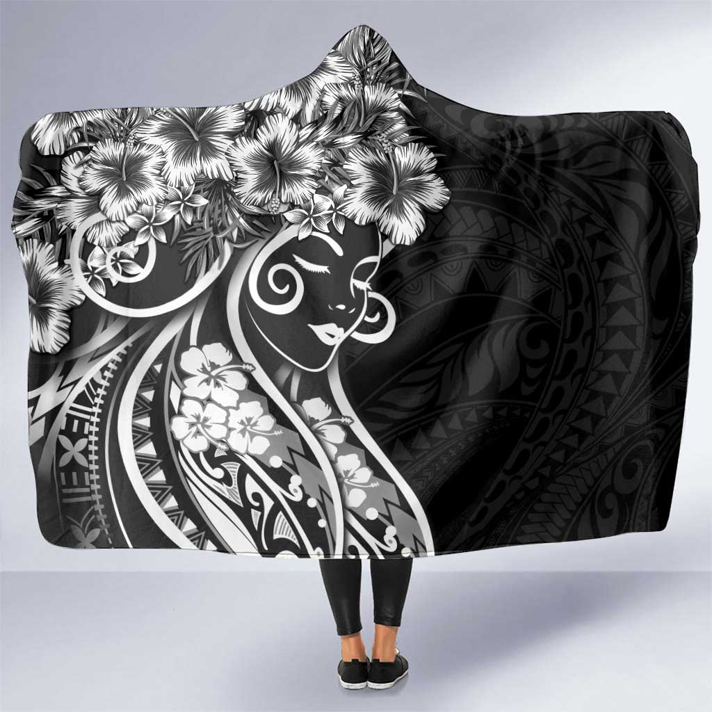 Polynesian Women's Day Hooded Blanket Black Hibiscus Flowers With Polynesian Pattern