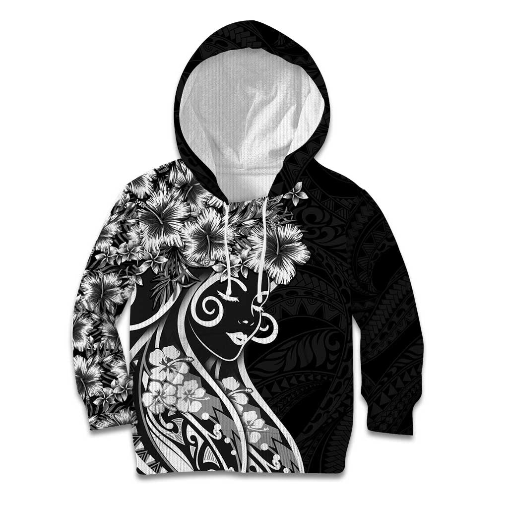 Polynesian Women's Day Kid Hoodie Black Hibiscus Flowers With Polynesian Pattern