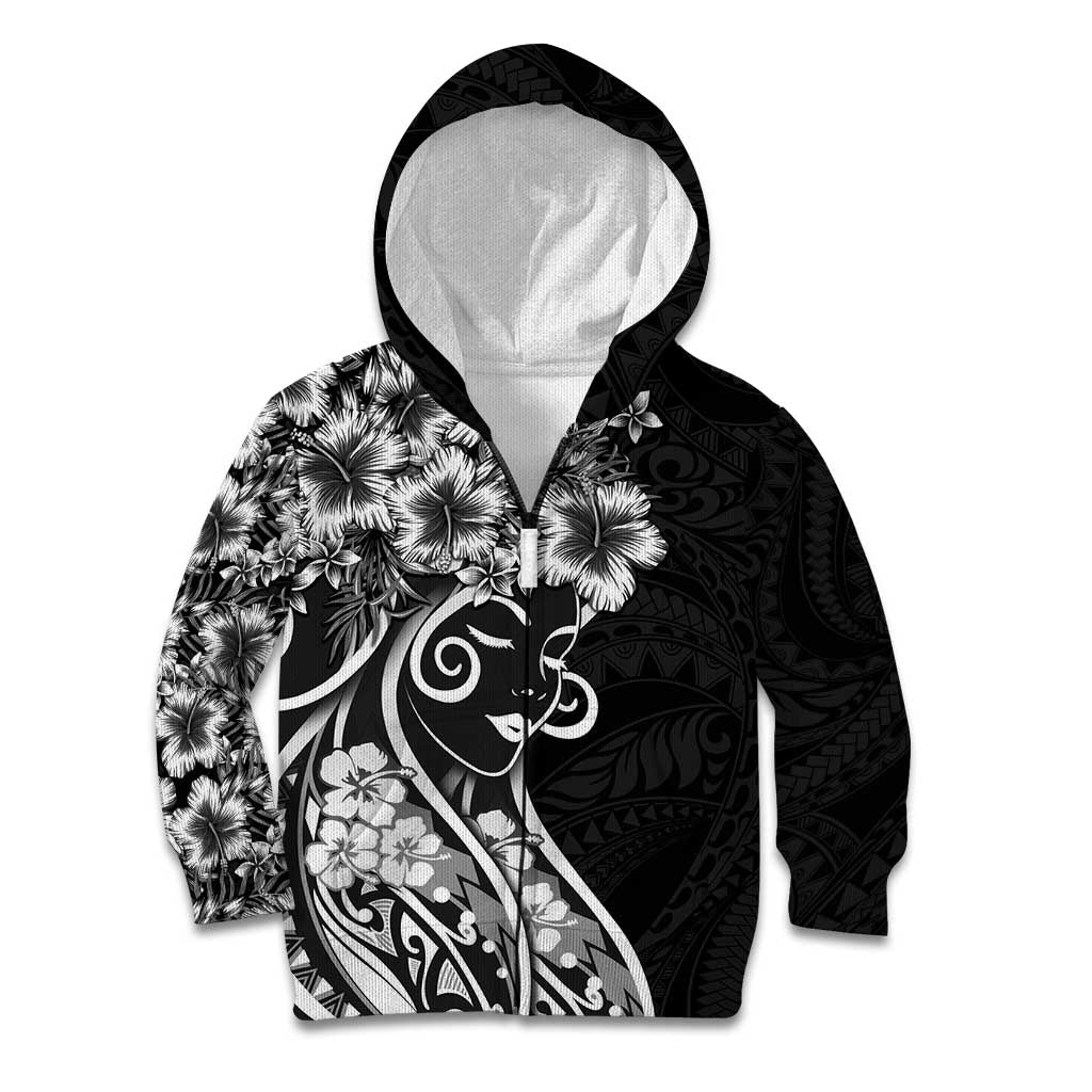 Polynesian Women's Day Kid Hoodie Black Hibiscus Flowers With Polynesian Pattern