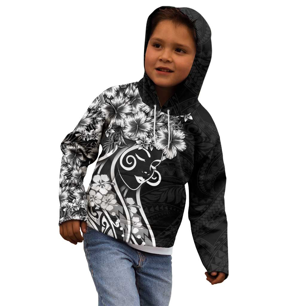 Polynesian Women's Day Kid Hoodie Black Hibiscus Flowers With Polynesian Pattern