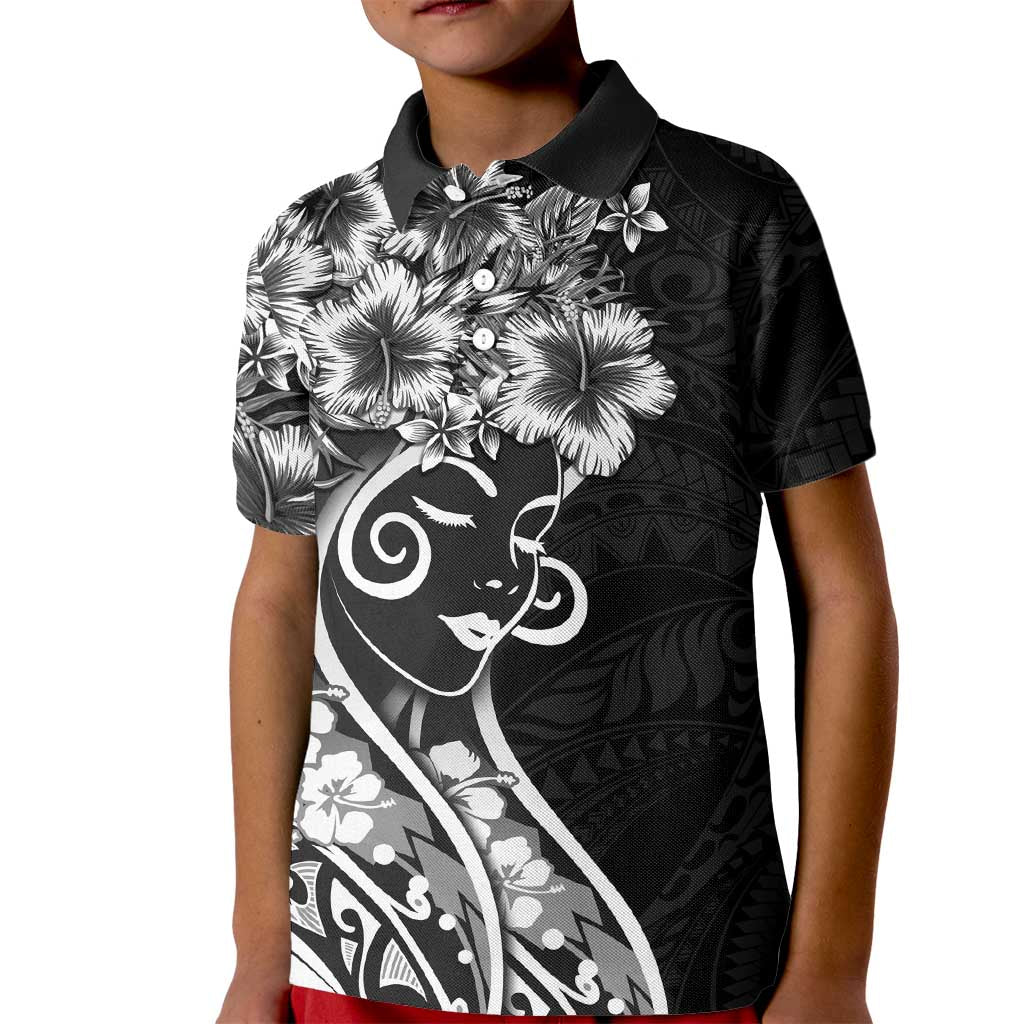 Polynesian Women's Day Kid Polo Shirt Black Hibiscus Flowers With Polynesian Pattern