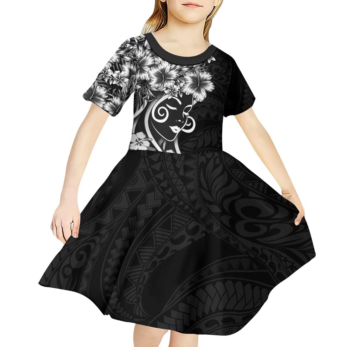 Polynesian Women's Day Kid Short Sleeve Dress Black Hibiscus Flowers With Polynesian Pattern