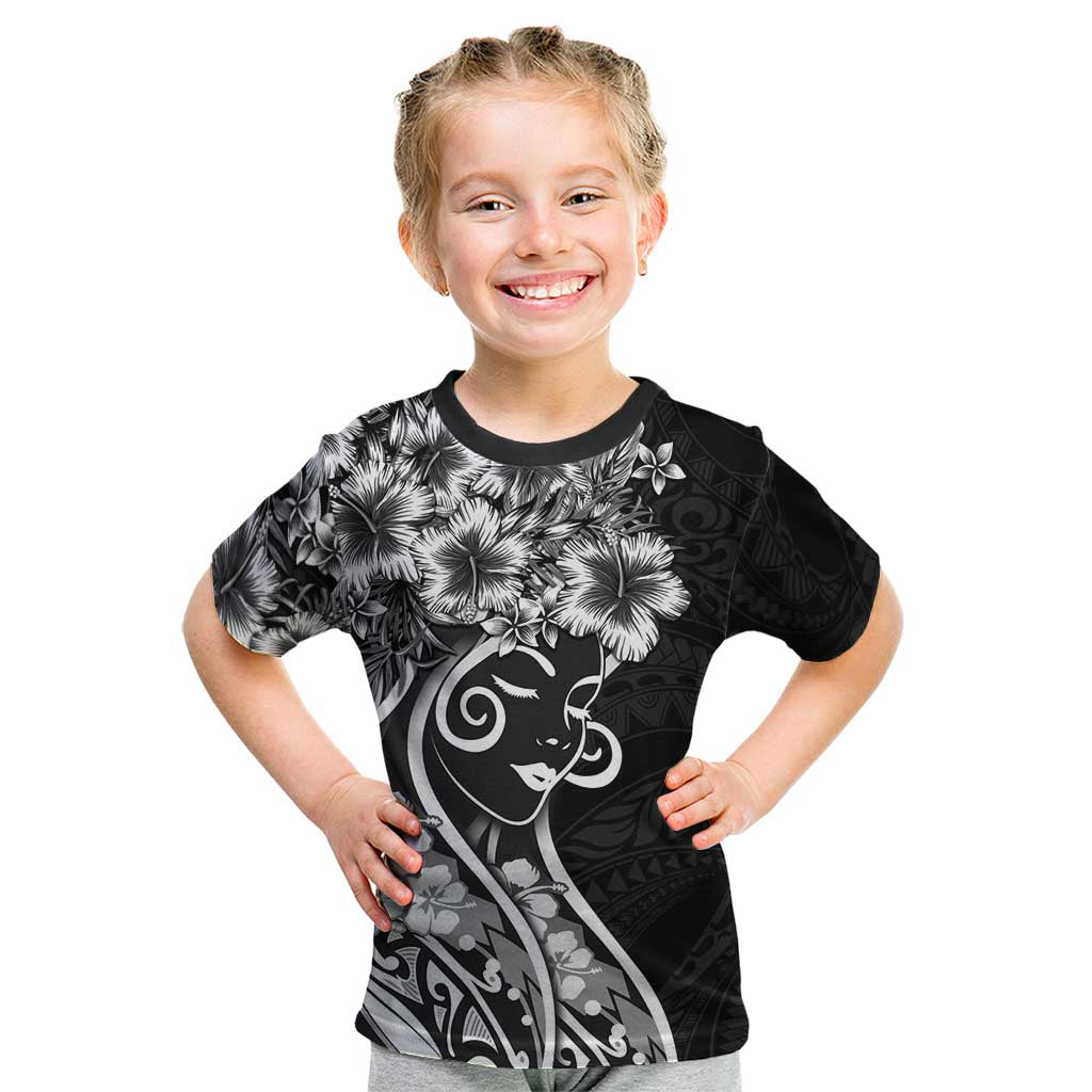 Polynesian Women's Day Kid T Shirt Black Hibiscus Flowers With Polynesian Pattern