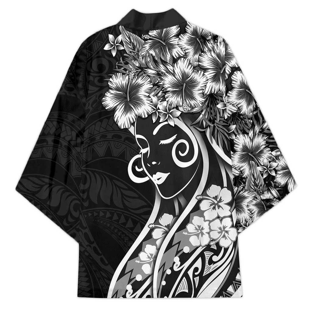 Polynesian Women's Day Kimono Black Hibiscus Flowers With Polynesian Pattern