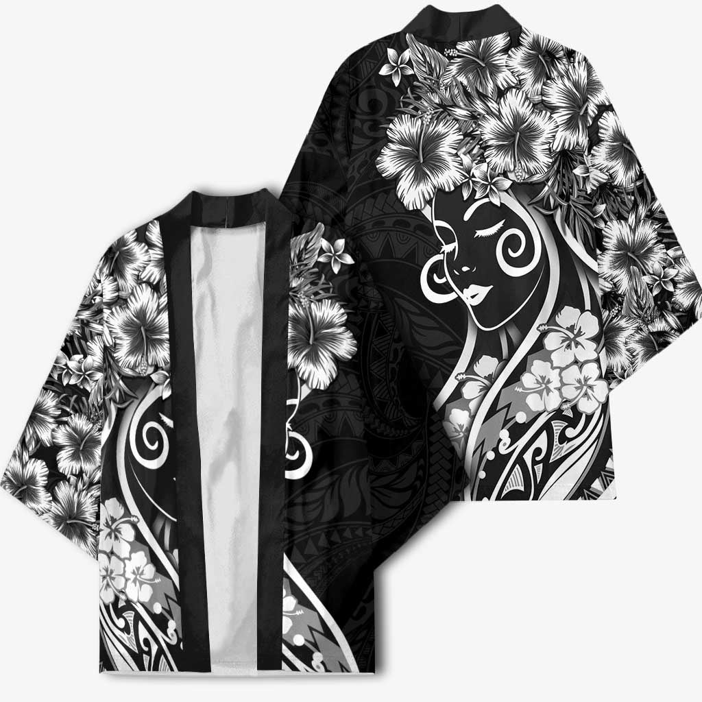 Polynesian Women's Day Kimono Black Hibiscus Flowers With Polynesian Pattern