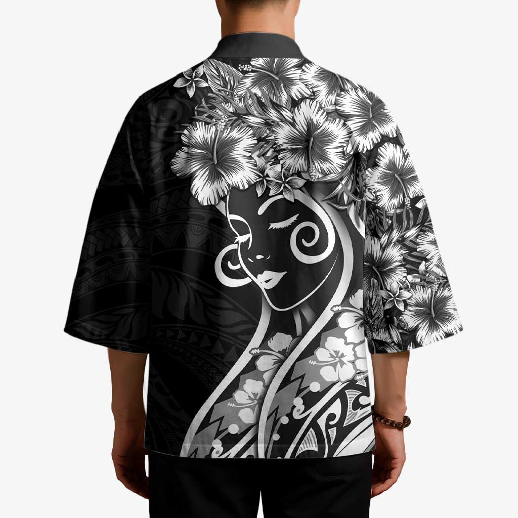 Polynesian Women's Day Kimono Black Hibiscus Flowers With Polynesian Pattern