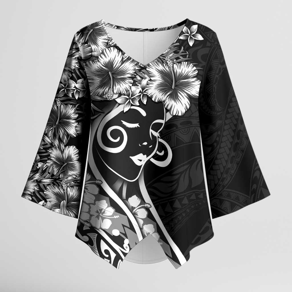 Polynesian Women's Day Kimono Sleeve Blouse Black Hibiscus Flowers With Polynesian Pattern