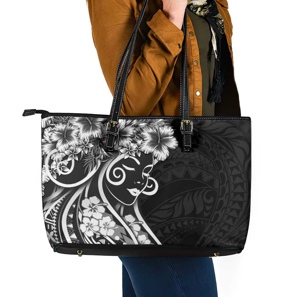 Polynesian Women's Day Leather Tote Bag Black Hibiscus Flowers With Polynesian Pattern