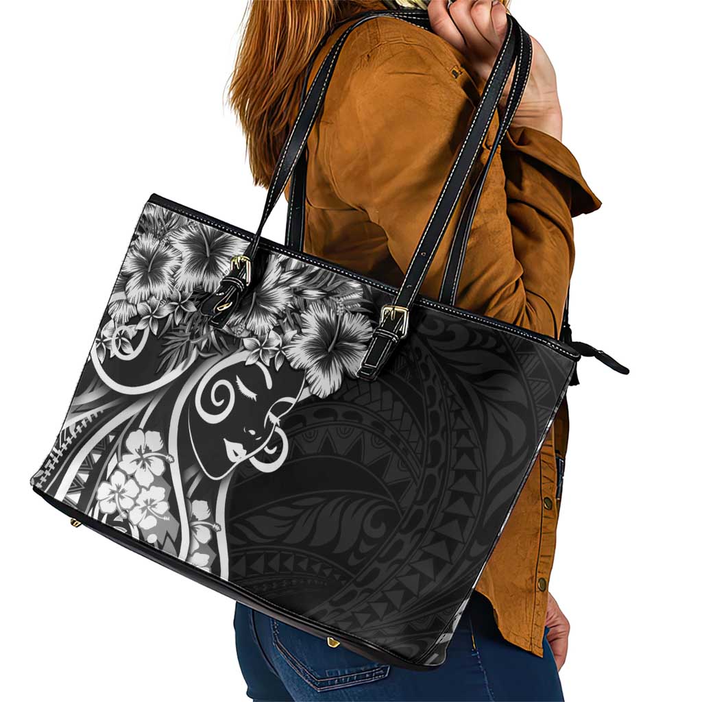 Polynesian Women's Day Leather Tote Bag Black Hibiscus Flowers With Polynesian Pattern