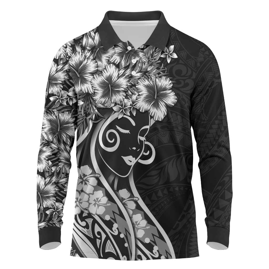 Polynesian Women's Day Long Sleeve Polo Shirt Black Hibiscus Flowers With Polynesian Pattern