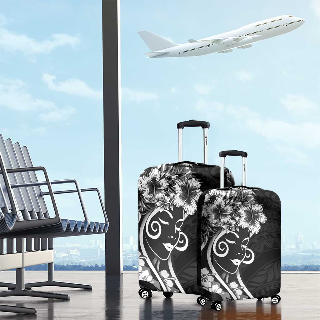 Polynesian Women's Day Luggage Cover Black Hibiscus Flowers With Polynesian Pattern