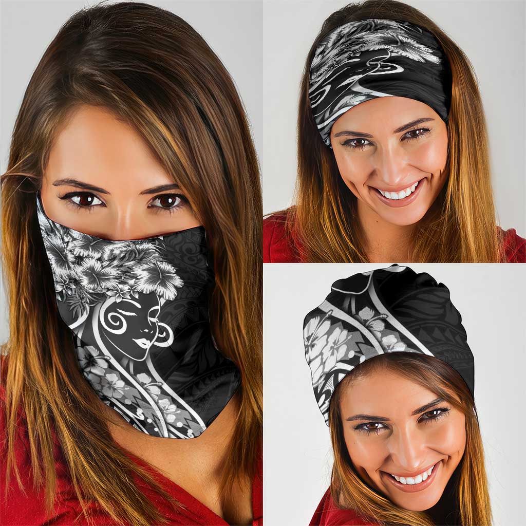 Polynesian Women's Day Neck Gaiter Black Hibiscus Flowers With Polynesian Pattern