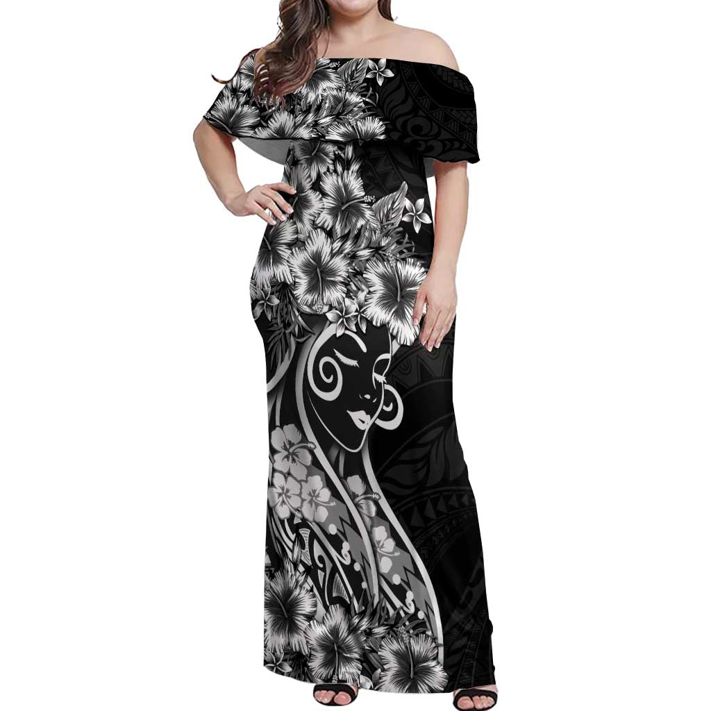 Polynesian Women's Day Off Shoulder Maxi Dress Black Hibiscus Flowers With Polynesian Pattern