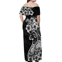 Polynesian Women's Day Off Shoulder Maxi Dress Black Hibiscus Flowers With Polynesian Pattern